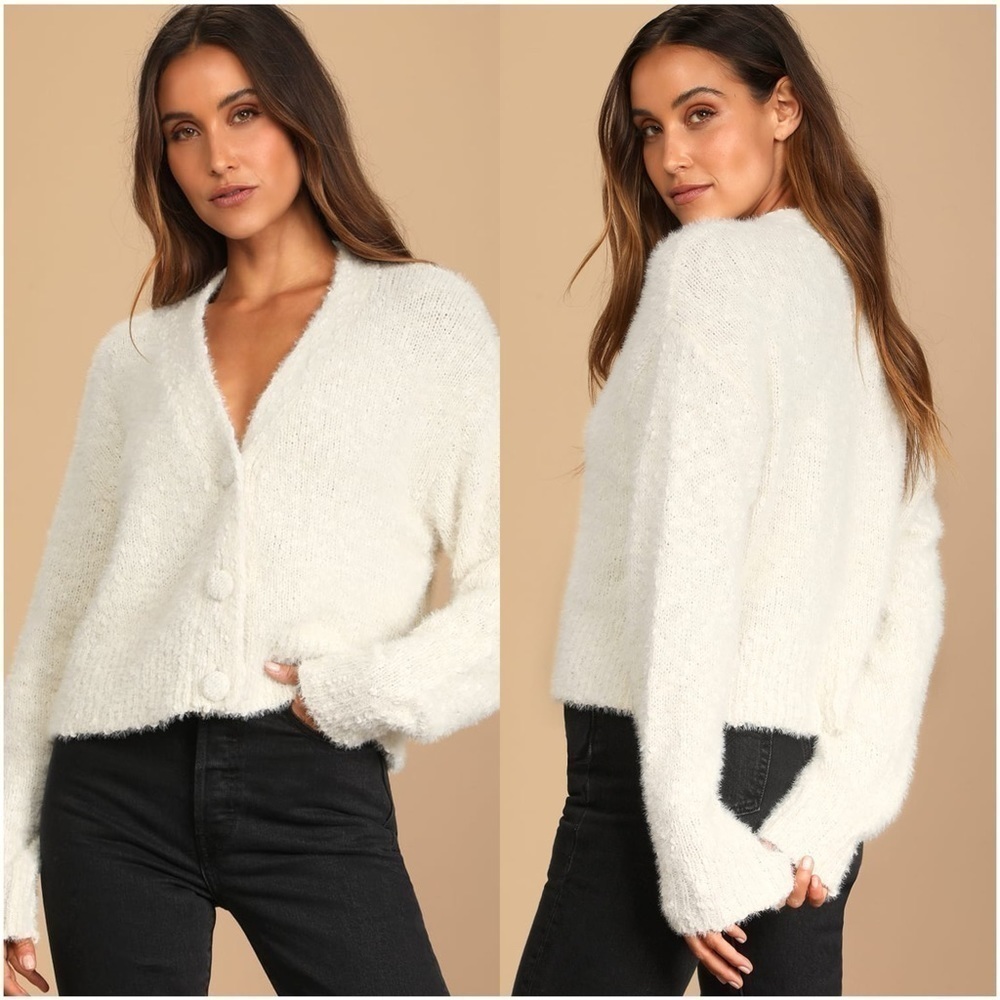 LULU’S Keep Me Bundled Cream Fuzzy Knit Cardigan